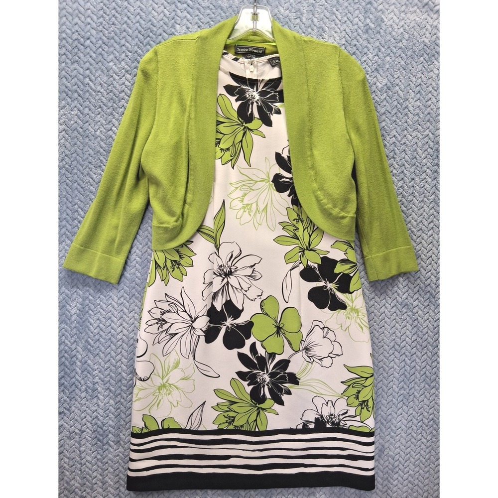 Jessica Howard Floral Sheath Dress and Cardigan Set Lime Green Black 10P
